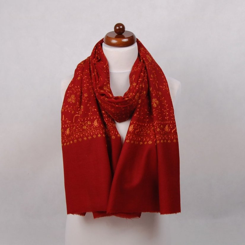 Kaschmirischer Wollschal handgestickt bordeaux mit Orange und Goldfarbe