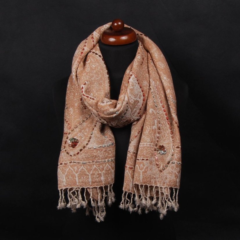 Šála z merino vlny s vyšíváním světle hnědá