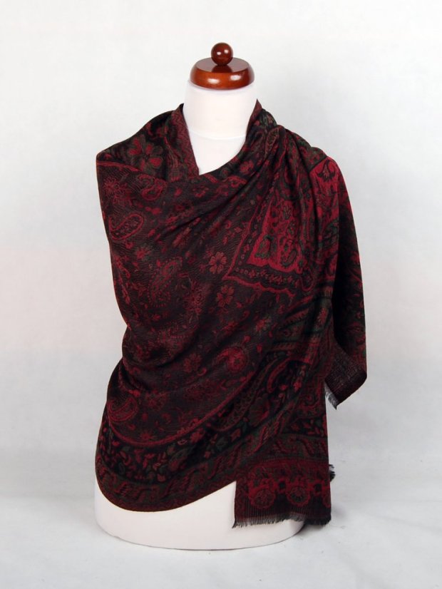Kašmírská vlněná pašmína Khani Jamavar exclusive Drolma černo-červená s  tmavě zelenou
