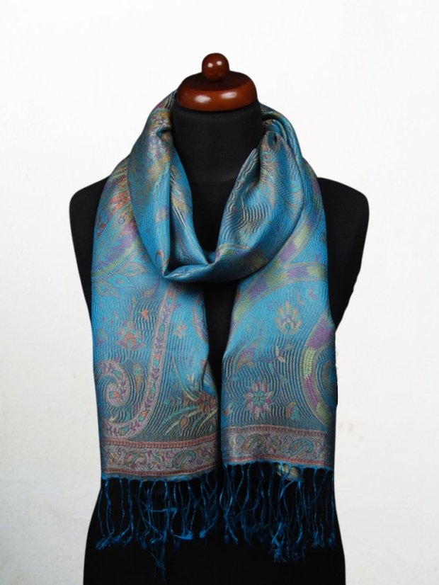 Seidenschal Super mittelgroß Tenzin dunkeltürkis mit Gelb und Rosa