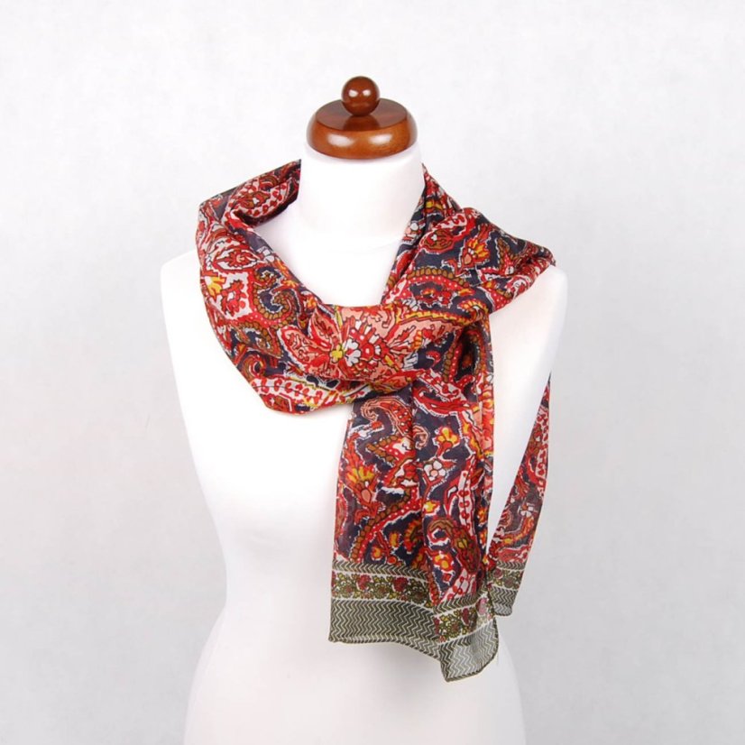 Hedvábná šála s potiskem červeno-černo-bílá