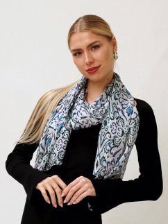 Veľký hodvábny šál s ornamentálnym vzorom biely s Teal a modrou