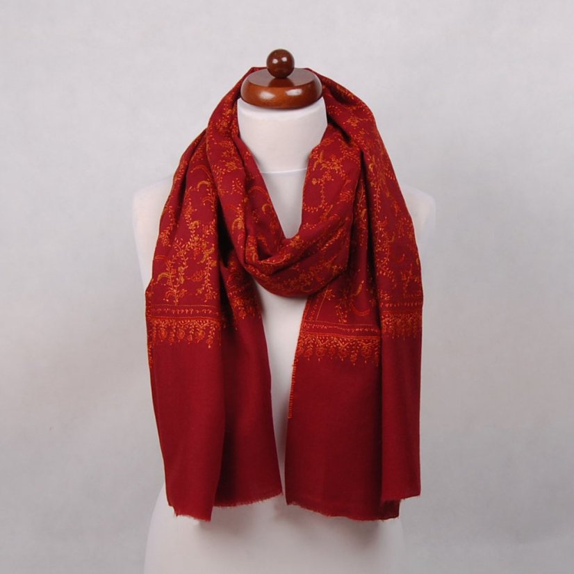 Kaschmirischer Wollschal handgestickt bordeaux mit Orange und Rot