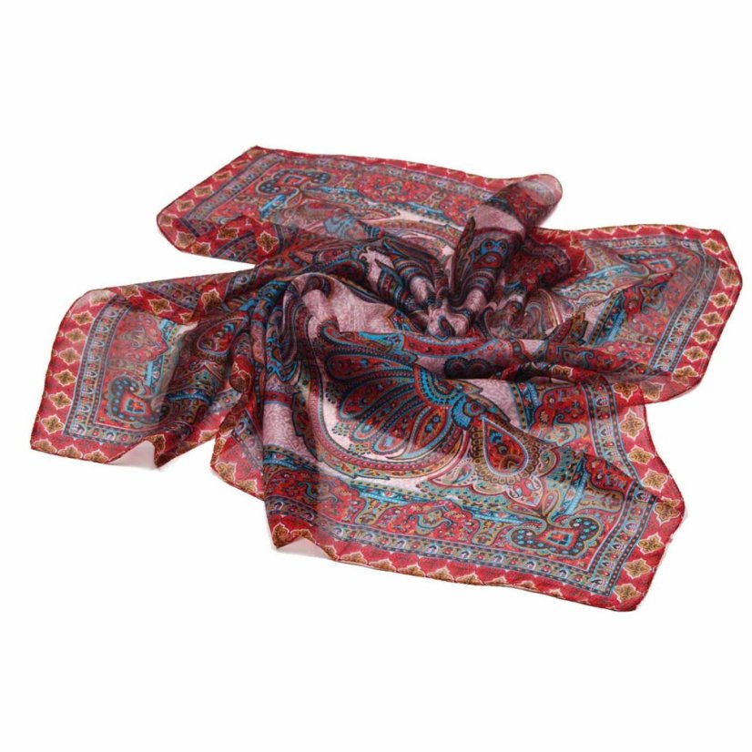 Hedvábný šátek s potiskem s tmavě červenou a tyrkysovou