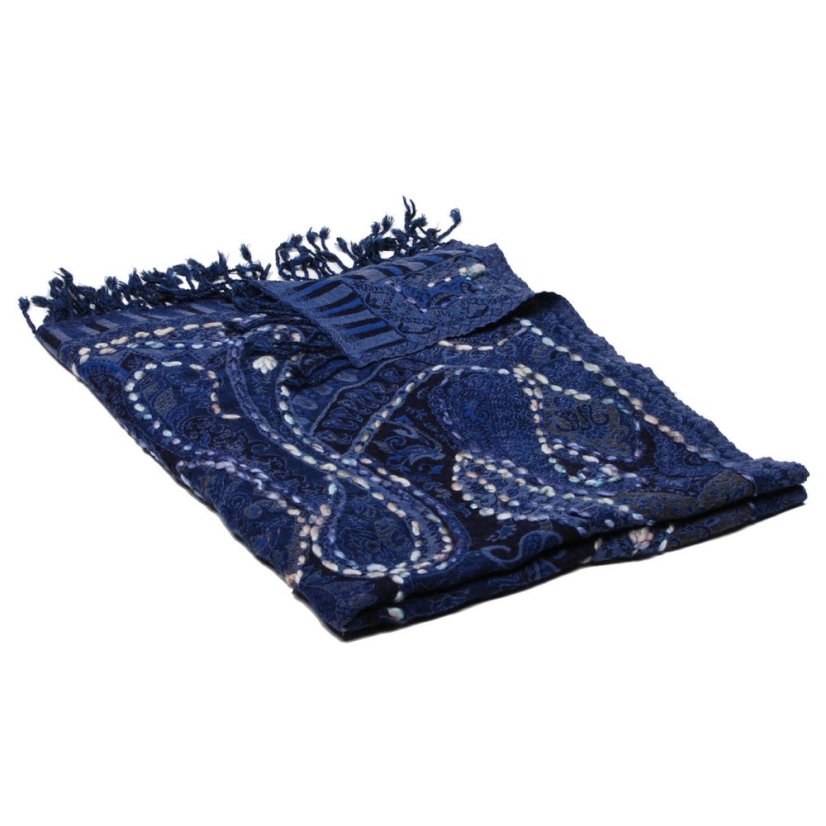 Schal aus Merinowolle handgestickt Khandro dunkelblau