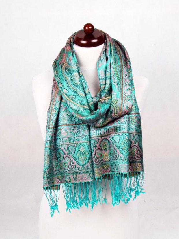 Seidenschal Super groß türkisgrün mit Rosa und Schwarz