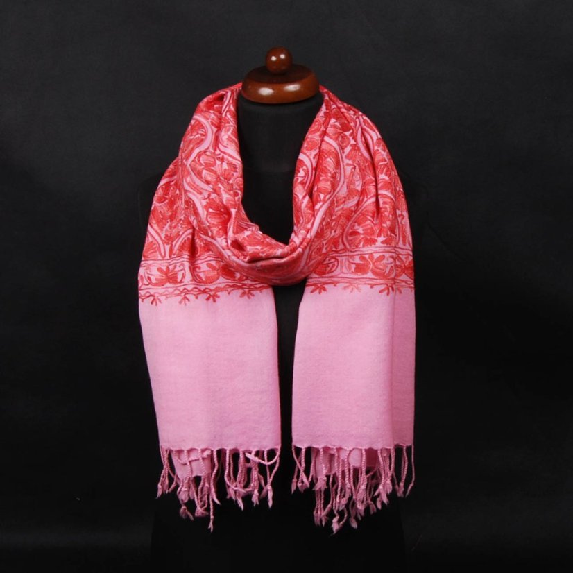 Kašmírsky vlnený šál Jate M svetloružový s tmavolososovou farbou