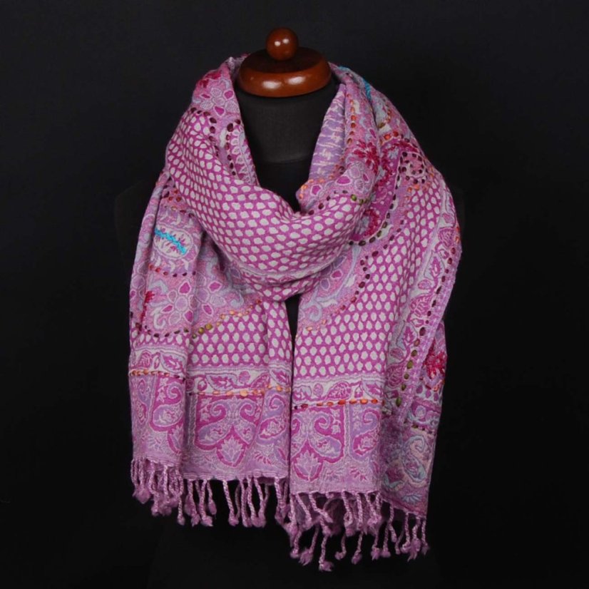 Schal aus Merinowolle handgestickt lila mit Magenta