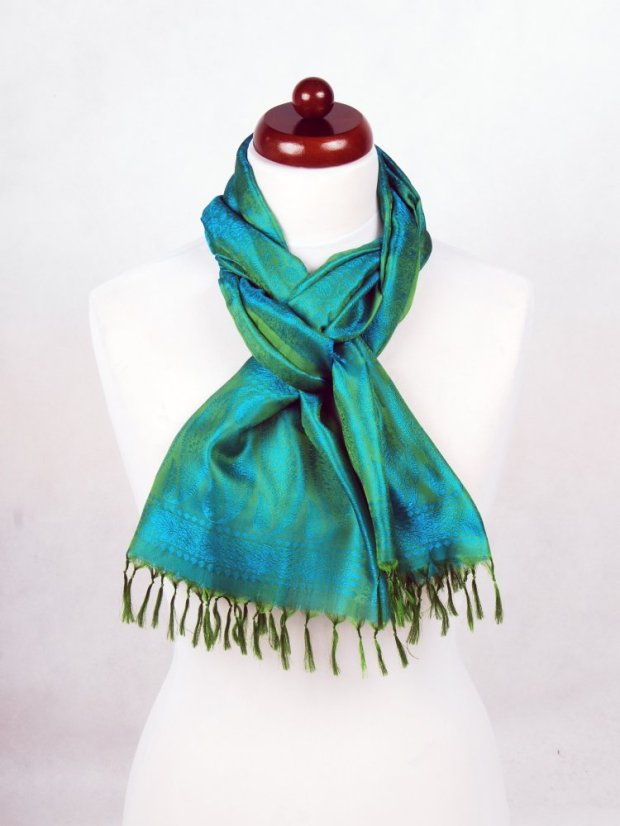 Hedvábná šála z Váránasí zeleno-tyrkysová
