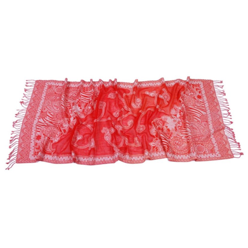 Šál z merino vlny červený s bielou a oranžovou farbou