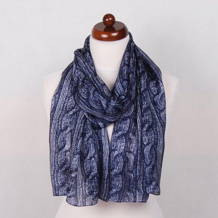 Hodvábny šál s potlačou tmavomodro-biely