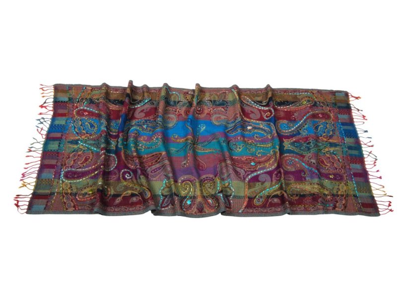 Šál z merino vlny s vyšívaním mnohofarebný s tyrkysovou farbou