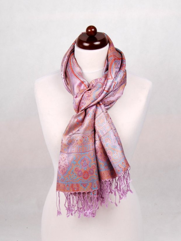 Hedvábná šála Super velká světle fialová s tyrkysovou a žlutou