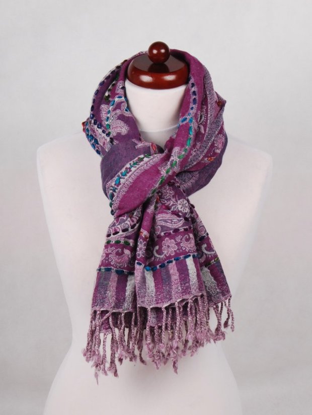 Šál z merino vlny s vyšívaním fialový