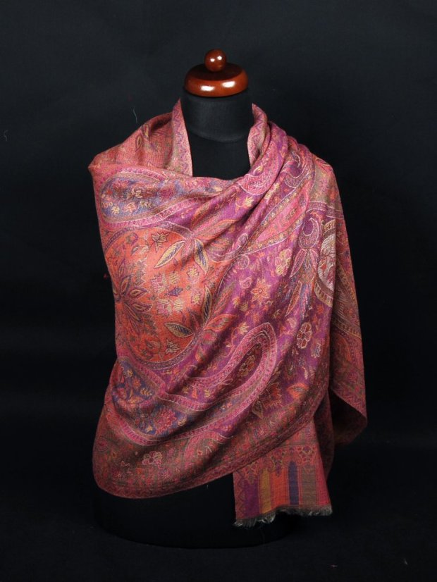 Kašmírská vlněná pašmína Khani Jamavar exclusive růžová se žlutou