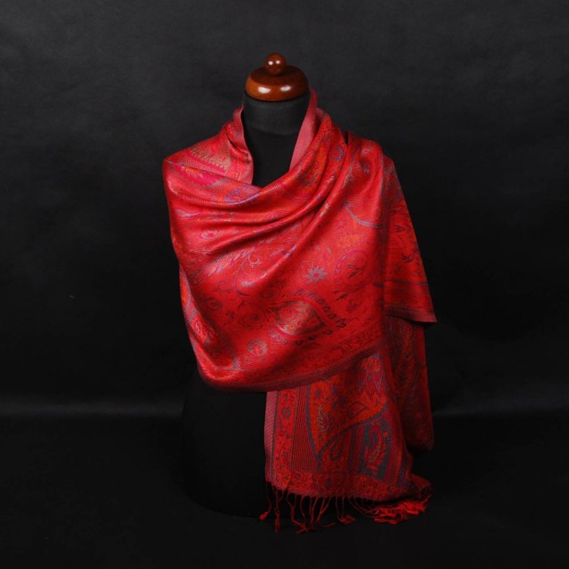 Seidenschal Super mittelgroß Norbu rot mit Magenta und Dunkelgrün