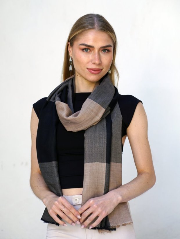 Kašmírská vlněná pašmína exclusive světle hnědo-černá