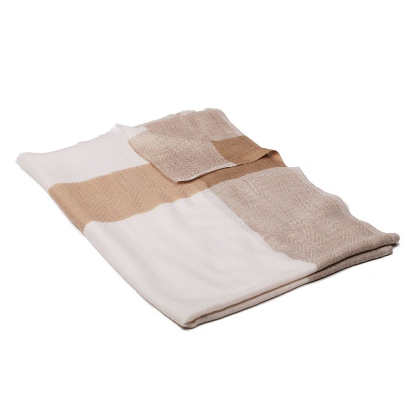 Pashmina aus Kaschmirwolle cremefarben mit Hellbraun-Grau