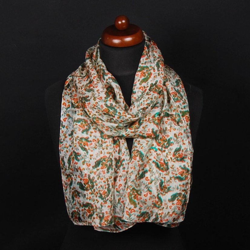 Hedvábná šála s potiskem bílá s oranžovou a tmavě zelenou