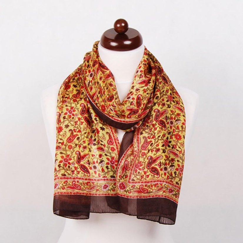 Hodvábny šál s potlačou žltý s červenou a tmavohnedou farbou