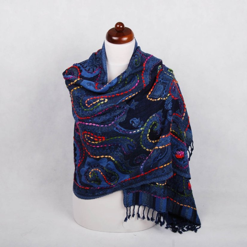 Šál z merino vlny s vyšívaním Dekyi tmavomodrý