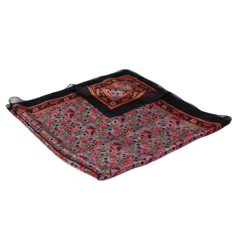 Hedvábný šátek s potiskem šedý s červenou a černou