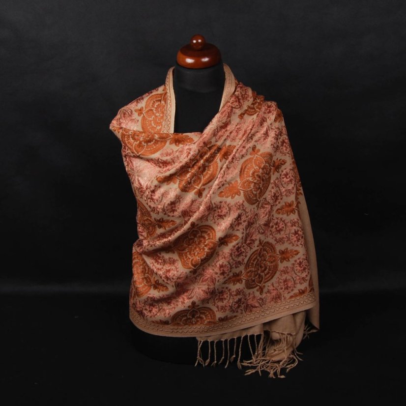 Kaschmirischer Wollschal hellbraun mit Seide-Stickerei in Braun