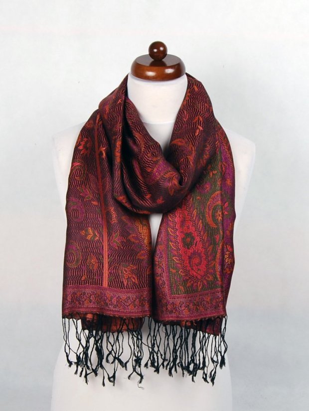 Seidenschal Super mittelgroß schwarz mit Kupfer-Farbe und Lila