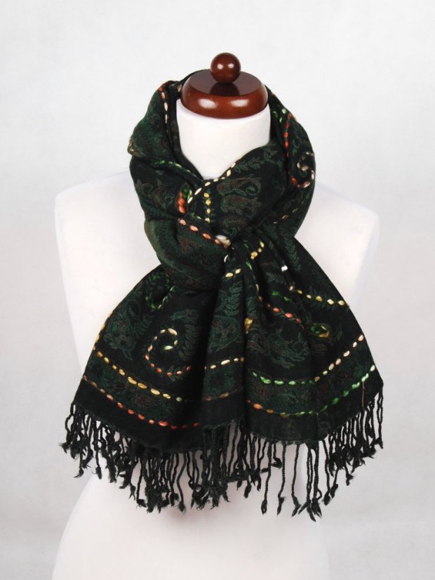 Schal aus Merinowolle handgestickt dunkelgrün