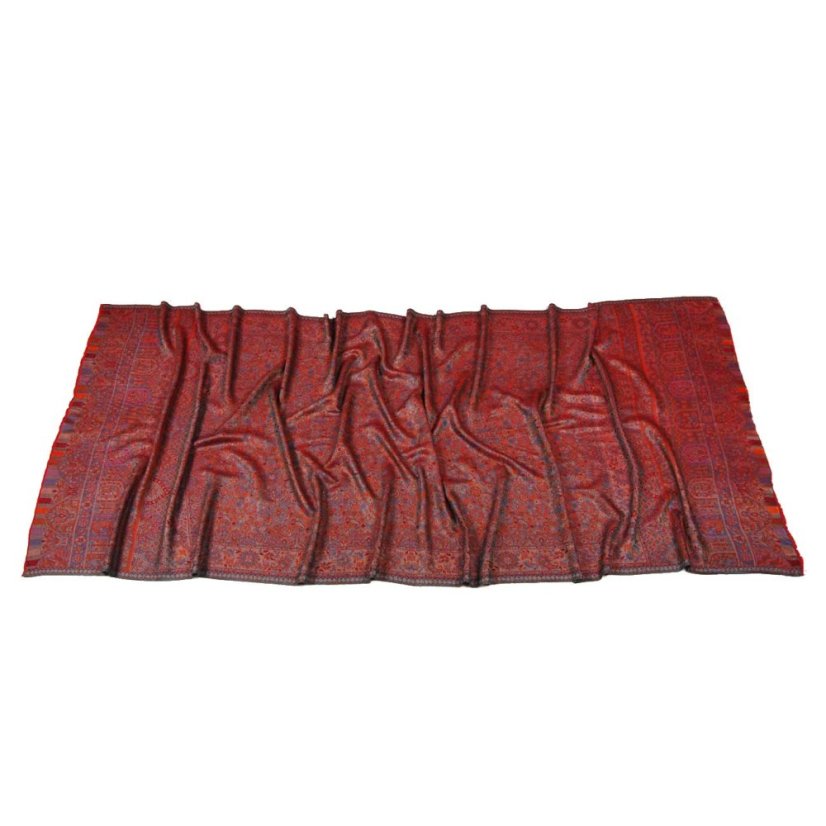 Šála z viskózy a hedvábí Khani Jamavar červená s tyrkysovou a žlutou