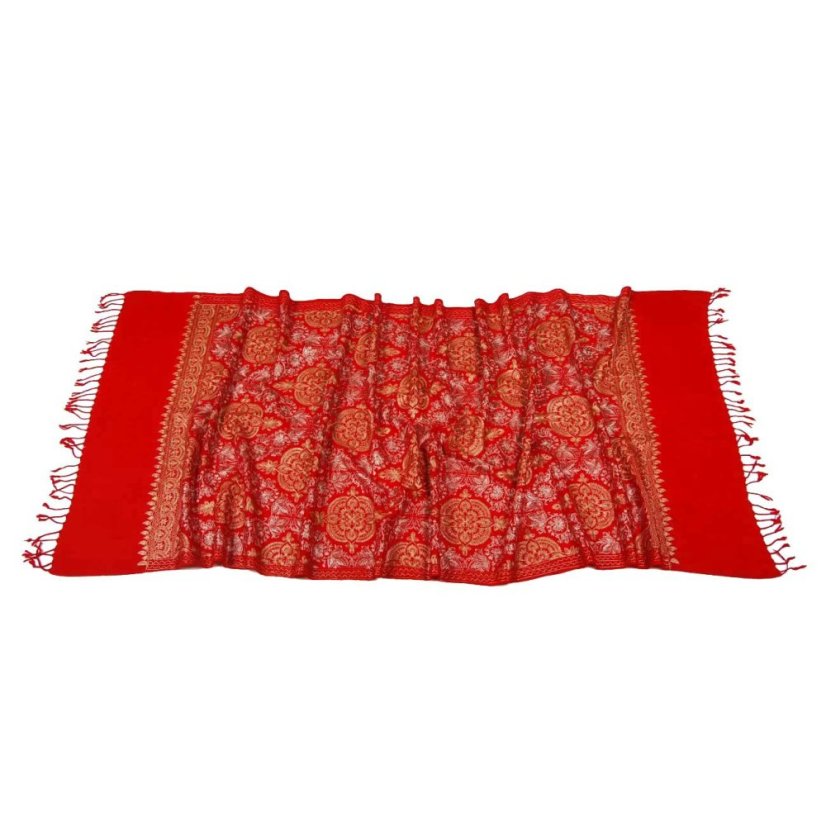 Kaschmirischer Wollschal rot mit Seide-Stickerei in Hellbraun