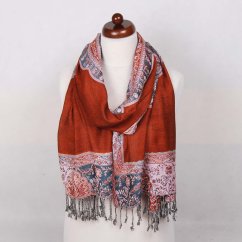 Prostříhávaná šála z viskózy měděná s tmavě tyrkysovou