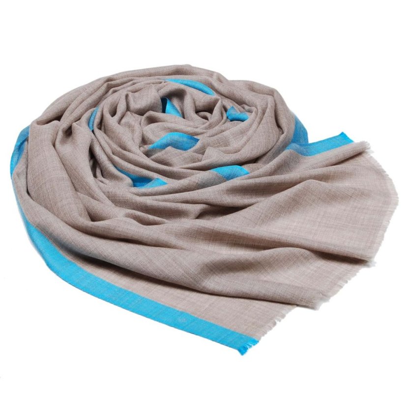 Kašmírská vlněná pašmína exclusive s hedvábím šedohnědá se světle modrou