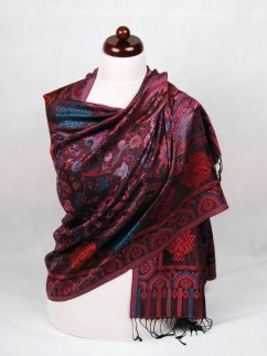 Hedvábná šála Super velká Tsewang černá s magentou a oranžovou