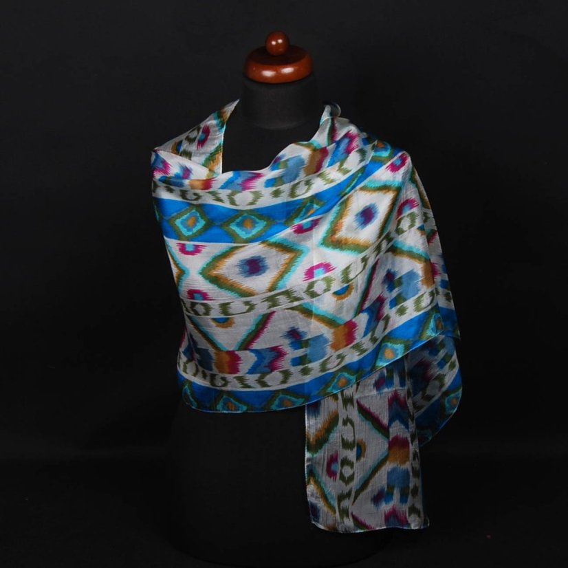 Hedvábná šála s potiskem bílá s tyrkysovou a zelenou