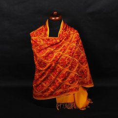 Kašmírská vlněná šála Jate M tmavě žlutá s bordó