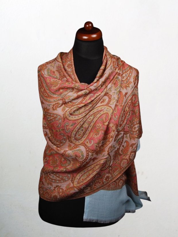 Kašmírska vlnená pašmína Khani Jamavar exclusive s červenou a svetlomodrou