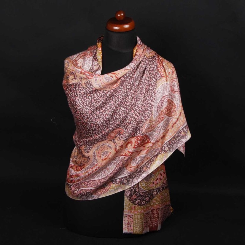 Šála z viskózy a hedvábí s potiskem s bordó, bílou a černou