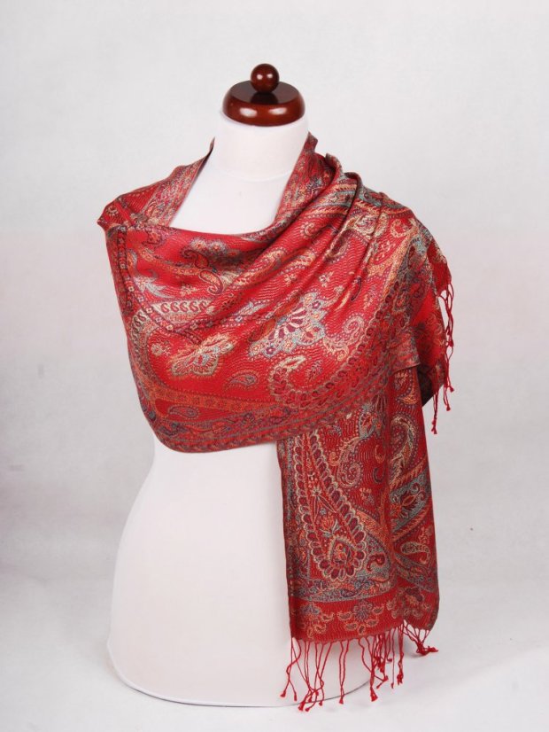 Hedvábná šála Super Tenzin červená s tyrkysovou