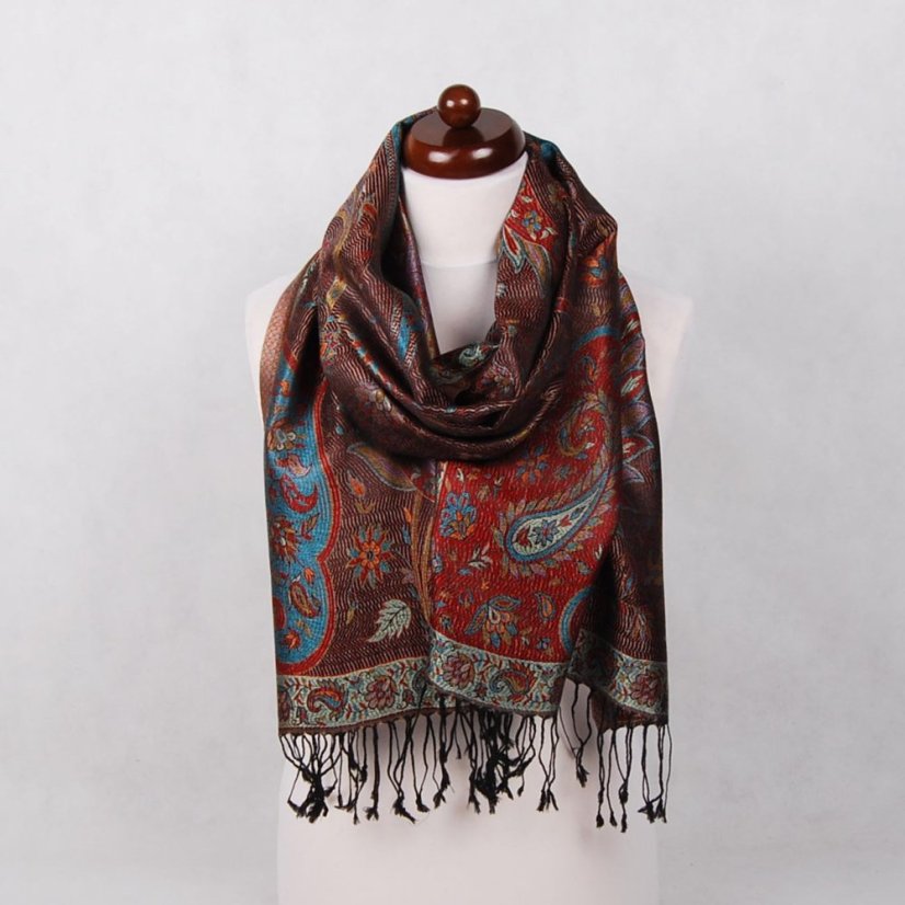 Seidenschal Super mittelgroß Jamavar schwarz mit Rot