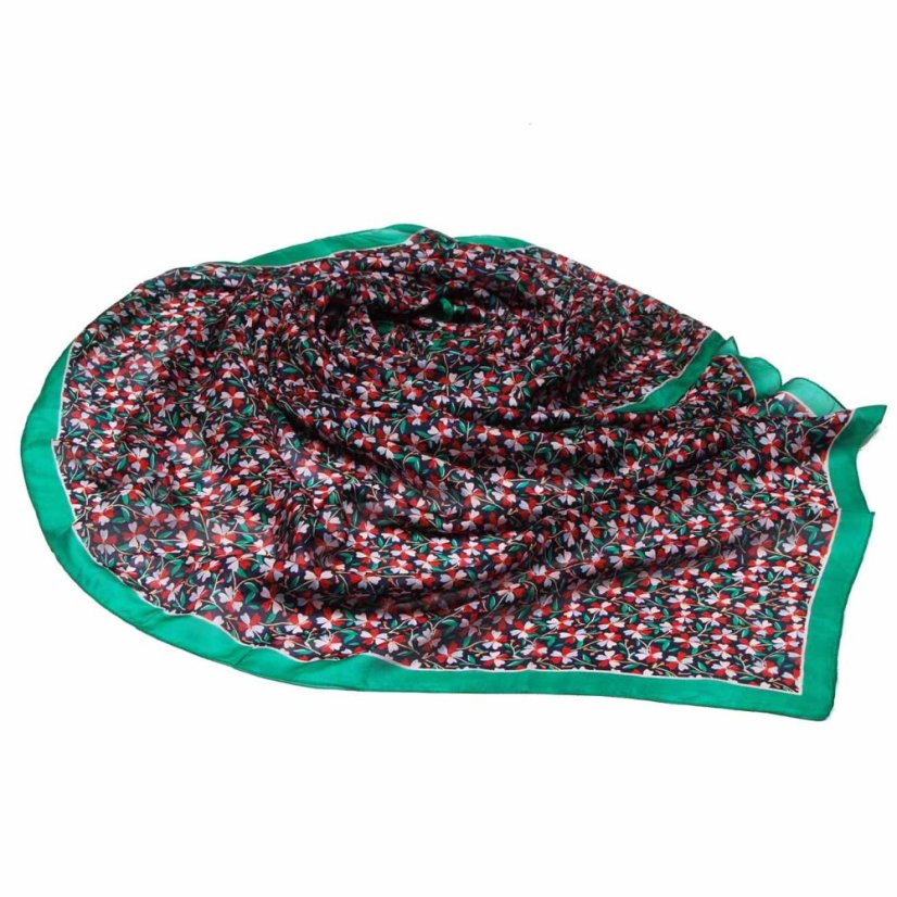 Hedvábná šála s potiskem velká černomodrá s červenou a zelenou