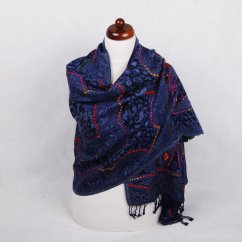 Šála z merino vlny s vyšíváním Lhamo tmavě modrá