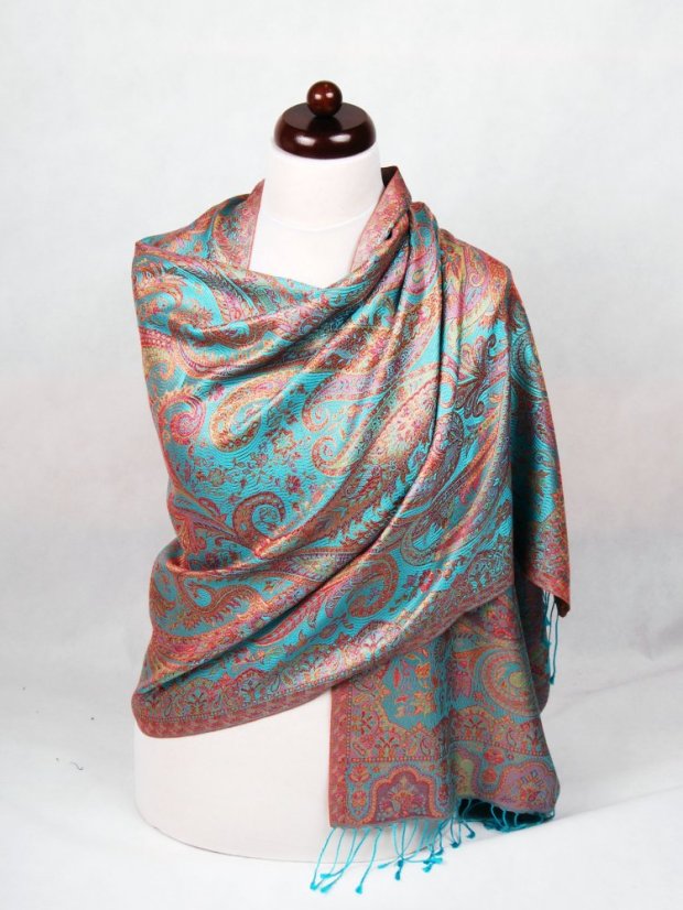 Hedvábná šála Super velká tyrkysová s červenou a růžovou