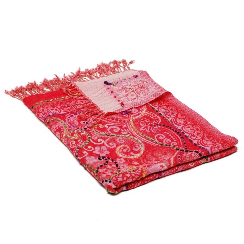 Schal aus Merinowolle handgestickt Metok rot-rosa