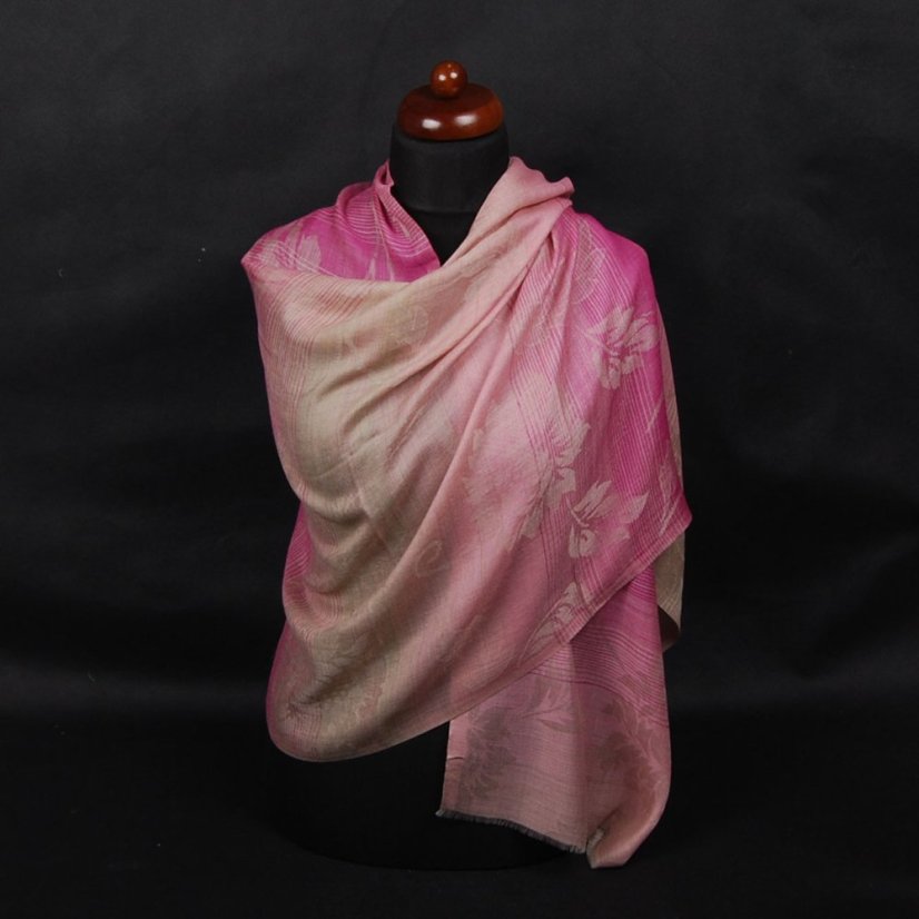 Kašmírská vlněná pašmína exclusive s růžovou