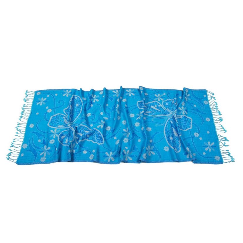 Schal aus Merinowolle Drolma türkis-cremefarben mit Dunkelblau