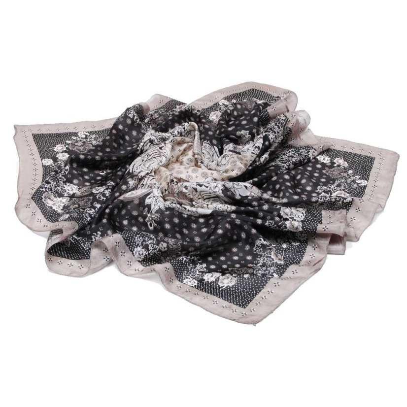 Hedvábný šátek s potiskem černo-šedo-béžový