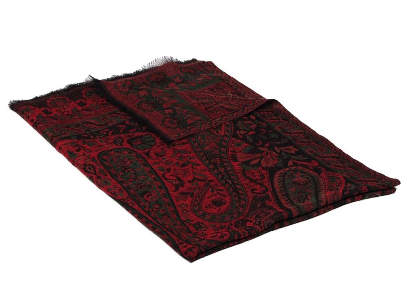 Kašmírská vlněná pašmína Khani Jamavar exclusive Drolma černo-červená s  tmavě zelenou