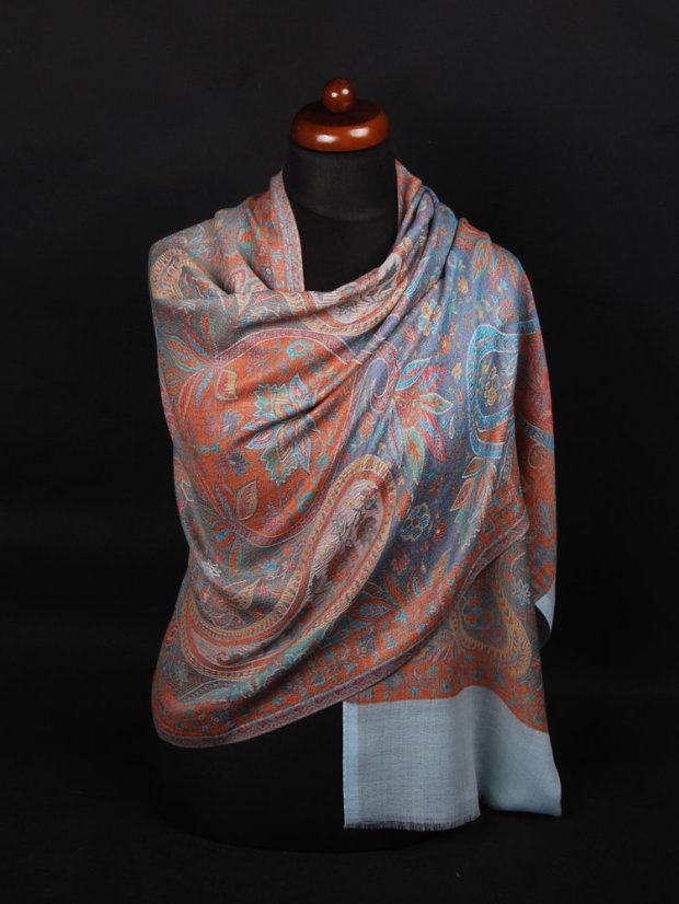 Kašmírska vlnená pašmína Khani Jamavar exclusive Kalsang so svetlomodrou a tyrkysovou farbou