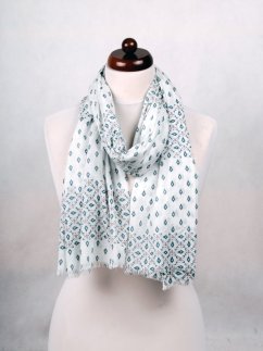 Schal aus Baumwolle mit Ornamente-Muster weiß mit Dunkeltürkis